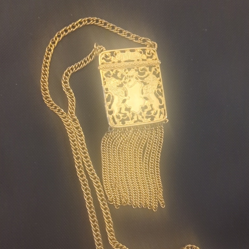 Lucien Piccard Vintage Gold Tassel Statement Necklace Ornate Lion Fringe Designe